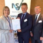 Left to Right: Emma Dowell (CCTV manager at Conwy Borough Council) is presented with the Certificate of Compliance by Tony Porter (the UK’s Surveillance Camera Commissioner who’s standing alongside Tony Weeks (head of technical services at the NSI). The presentation took place at the CCTV User Group Conference on 24 May