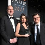 Company Secretary of the Year Sarah McLaughlin receives her award from Jeff Hilk (left) of Diligent & Blueprint OneWorld
