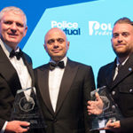 Left to Right: PC Shaun Cartwright, who accepted PC Keith Palmer's posthumous award, Home Secretary Sajid Savid and PC Charlie Guenigault