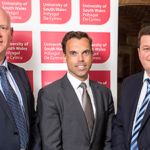 Economy Secretary Ken Skates (centre) pictured with Gareth Williams of Thales (right) and Paul Harrison of the University of South Wales